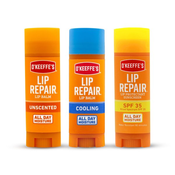 O'Keeffe's Lip Repair Lip Balm for Dry, Cracked Lips, Stick, (Pack of 3: 1 Cooling + 1 Unscented + 1 SPF)