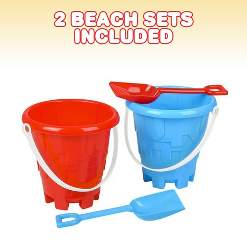 ArtCreativity 6" Beach Bucket and Shovel for Kids (Set of 2) Includes 2 Sand Shovels and 2 Buckets with a Sand Castle Design Inside, Sandcastle Building Toys, Fun Summer Sand Toys for Boys and Girls