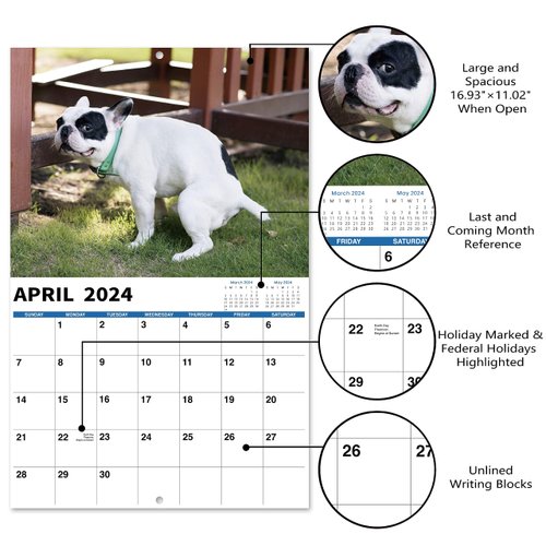 2024 Wall Calendar - 2024 Calendar 17" x 11" When Open, 12 Monthly Calendar From Jan. 2024 to Dec. 2024, Thick Paper Pages Folded Ready to Hang Poop Dogs