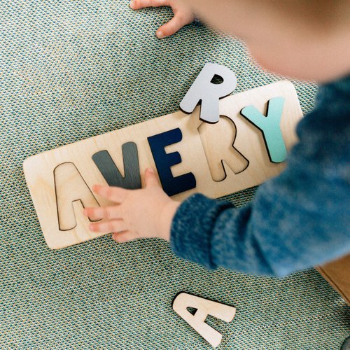 Personalized Wooden Name Puzzle for Kids, Handmade in USA by Bloom Owl, Custom Baby Gifts for Boys and Girls Christmas or First Birthday, Montessori Toys (Mint & Navy)