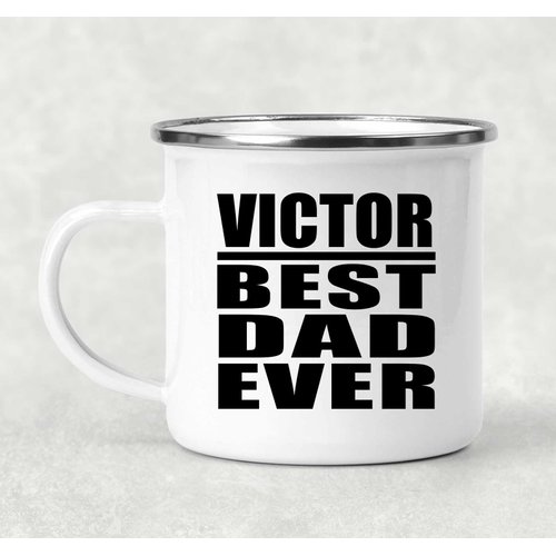 Designsify Gifts, Victor Best Dad Ever, 12oz Camping Mug Stainless Steel Enamel Tea-Cup with Handle, for Birthday Anniversary Mom Dad Parents Fathers Mothers Day Party, to Men Women Him Her Friend