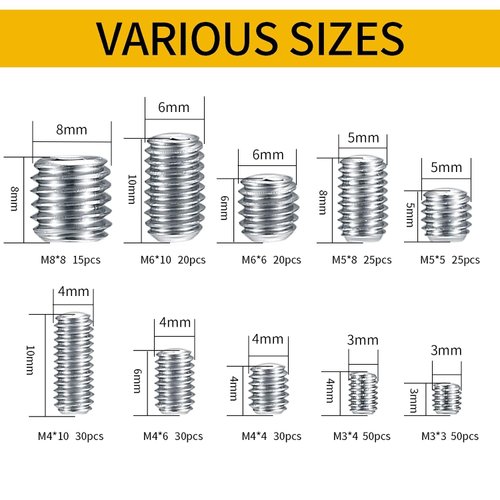 TOOINKCV 300 Pcs Stainless Steel Socket Head Screws Assortment Kit, Allen Head Socket Hex Head Screws, Metric M3 M4 M5 M6 M8 Grub Screws Set for Door Handles, Light Fixture