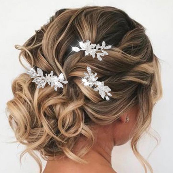 Brishow Bride Wedding Rhinestone Hair Pins Silver Leaf Flower Hair Clip Bridal Crystal Beaded Hair Accessories for Women and Girls