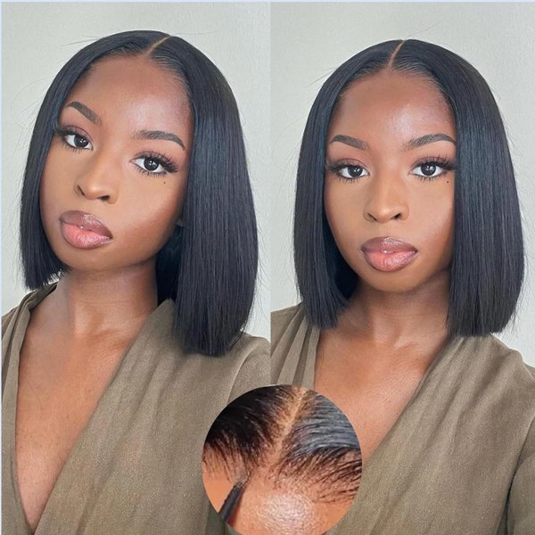 Wear and Go Glueless Bob Wig Human Hair Pre Plucked Pre Cut 4x4 HD Straight Lace Front Wigs Human Hair for Black Women No Glue Upgraded Glueless 150% Density (4x4 Glueless Bob Wig, 12 Inch)