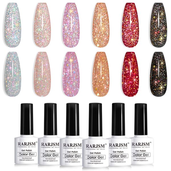 RARJSM Reflective Glitter Gel Nail Polish Set 6 Colors Sparkle Sliver Champagne Gold Pink Orange Black Red Rainbow Sequins Gel Nail Polish Soak Off UV Diamond Gel Polish DIY Salon Manicure at Home