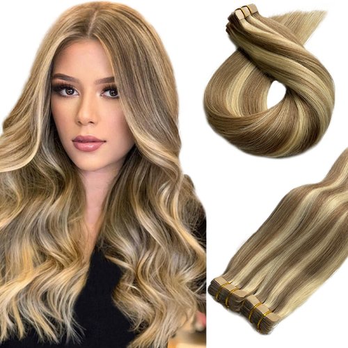 Belaved Blonde Tape in Hair Extensions Human Hair Highlights with Ash Brown 50g/pack 20pcs Straight Seamless Skin Weft Tape in Real Human Hair Extensions 24inch #8P60