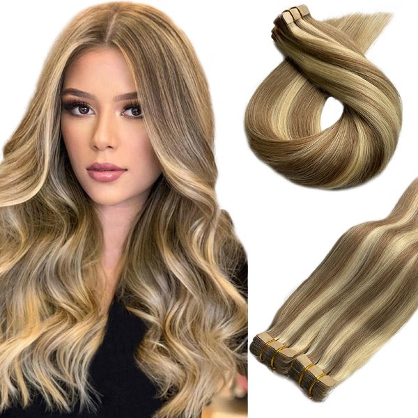 Belaved Blonde Tape in Hair Extensions Human Hair Highlights with Ash Brown 50g/pack 20pcs Straight Seamless Skin Weft Tape in Real Human Hair Extensions 24inch #8P60