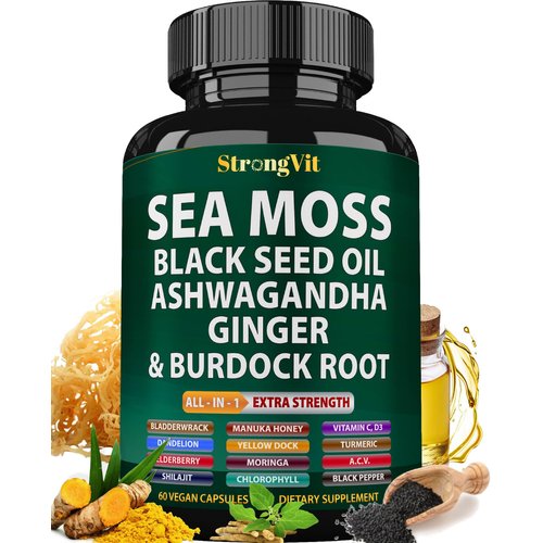 Sea Moss Black Seed Oil Ashwagandha Ginger, Organic Sea Moss Capsules with Burdock Root, Irish Seamoss Pills with Bladderwrack, Turmeric, Shilajit, Multimineral Supplement, USA (120 Capsules)