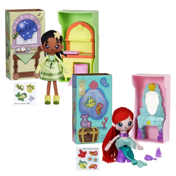 SWEET SEAMS 6" Soft Rag Doll Bundle Pack – 2pc Toy | The Little Mermaid Ariel Doll and Vanity Playset, The Princess and The Frog Tiana Doll & Kitchen Playset