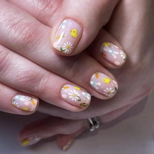 BABALAL Easter Press on Nails Medium Square Fake Nails Bunny Flower Glue on Nails Squoval Acrylic Nails 24Pcs Cute False Nails for Women and Girls