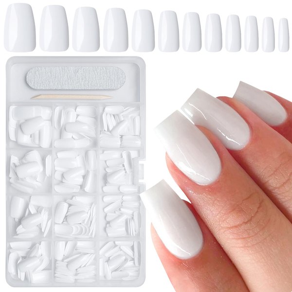 AddFavor 300pcs Coffin Press on Nails Medium Fake Nails Glossy White Nails Ballerina Square Nail Press on Acrylic False Nail for Women Girls