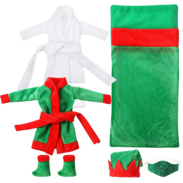8 Pcs Christmas Elf Doll Clothes Sleeping Bag Accessories Including Christmas Doll Sleeping Bag, Bathrobe, Socks, Apron and Cap for Xmas Doll Clothes Kit(Green)