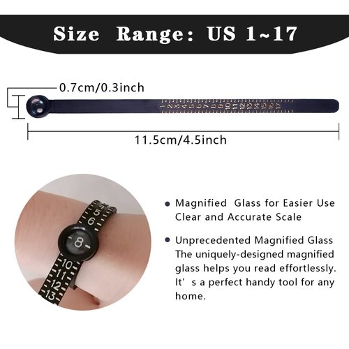 Ring Sizer Measuring Tool JRONGHE Reusable Finger Size Measuring Tape with Magnified Glass, Jewelry Sizing Tool 1-17 USA Rings Size