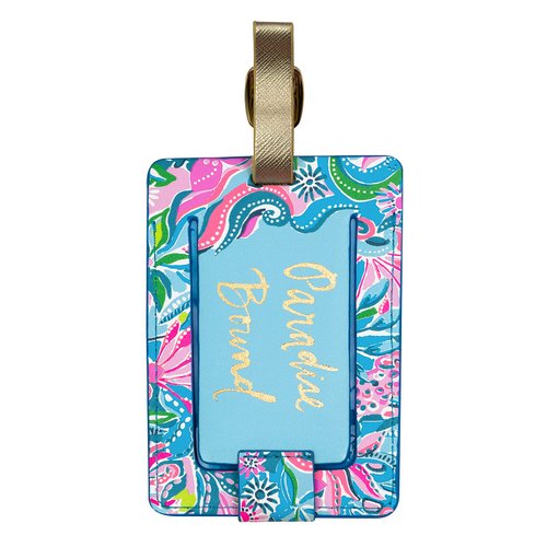 Lilly Pulitzer Leatherette Luggage Tag with Secure Strap, Colorful Suitcase Identifier for Travel, Golden Hour
