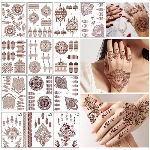 SNAIL GARDEN 16 Sheets Brown Red Temporary Tattoos Women,Long-lasting Mandala Flower Body Tattoos Stickers,Lace Tattoos for Hand,Fingers,Arms, Back,Neck,Festival Temporary Tattoos for Adults