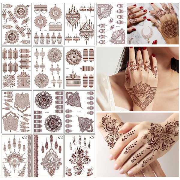 SNAIL GARDEN 16 Sheets Brown Red Temporary Tattoos Women,Long-lasting Mandala Flower Body Tattoos Stickers,Lace Tattoos for Hand,Fingers,Arms, Back,Neck,Festival Temporary Tattoos for Adults