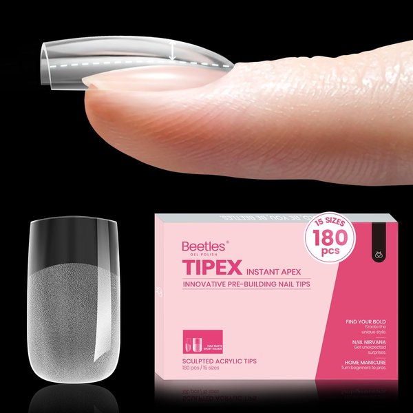 Beetles Tipex Instant Apex Nail Tips,180Pcs Pre-Building & Pre-Etched Gel Nail Tips Short Coffin Thicker Acrylic Nails Strong Full Cover False Nail Extension Building Gel Press-on Nails for Flat Nails