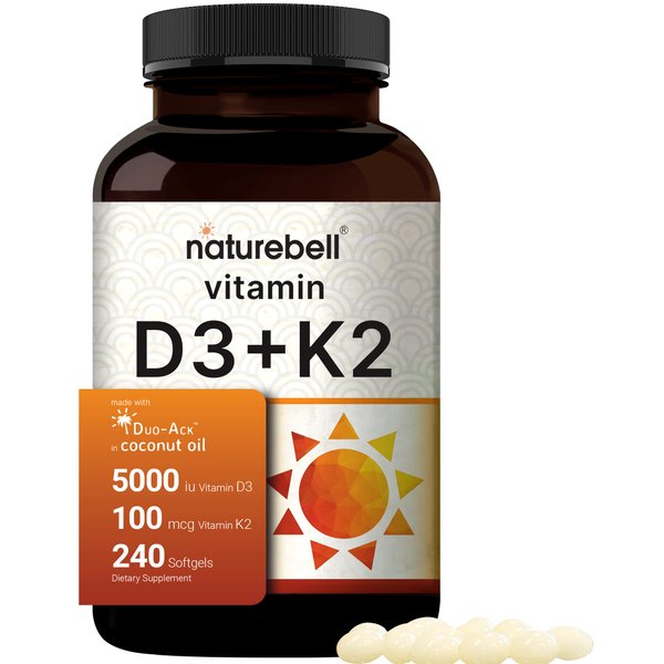 NatureBell Vitamin D3 5,000 IU + K2 100 mcg, 240 Softgels | Daily 2-in-1 Formula with Virgin Coconut Oil | Bone, Heart & Immune Support | MK-7 Form | Non-GMO, Gluten-Free