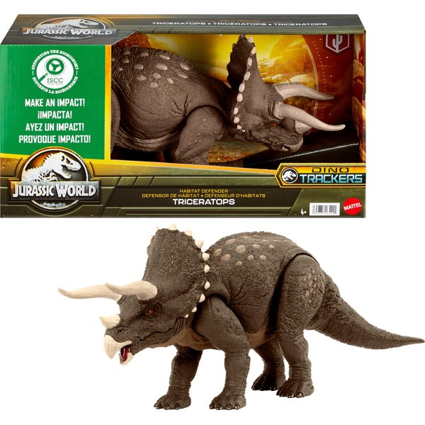 Mattel Jurassic World Dinosaur Toy, Habitat Defender Triceratops Action Figure Made from 60 Per Cent ISCC Certified Plastic