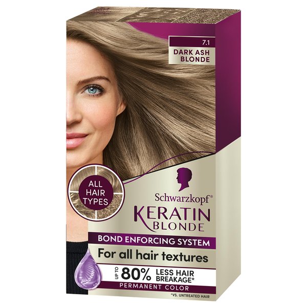 Schwarzkopf Keratin Color Permanent Hair Color, 7.1 Dark Ash Blonde, 1 Application - Salon Inspired Permanent Hair Dye, for up to 80% Less Breakage vs Untreated Hair and up to 100% Gray Coverage