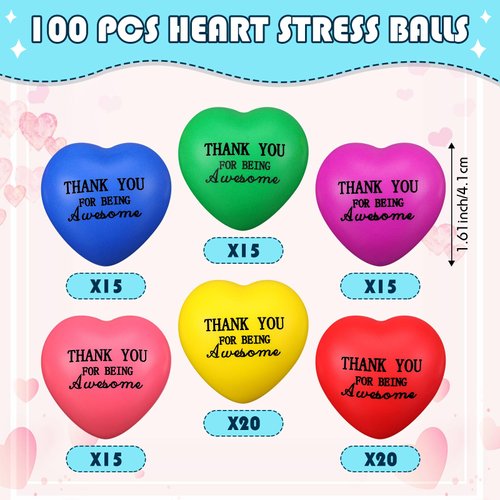 Liliful 100 Pcs Stress Balls Bulk for Adults Motivational Stress Balls Thank You Stress Balls Inspirational Heart Star Foam Ball Back to School Supplies for Students Adults Office Party Favors(Heart)