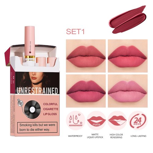 4 Colors Matte Cigarette Lipstick Set，Lip Tint Stain Tube Liquid Lipstick，Waterproof Cigarette Lip Tint Stain，Waterproof Labiales Mate，Lip Stain Long Lasting (SET1)