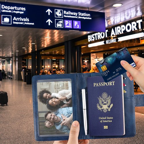 RSAquar Passport Holder for Women and Men, Premium PU Leather Travel Passport Wallet RFID Blocking Passport Cover Travel Documents Organizer with Pen Holder, Blue