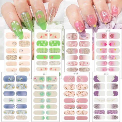 Flower Full Wrap Nail Stickers for Nail Art 8Sheets Semi Cured Gel Nail Strips Sticker Spring Daisy Floral Design Nail Wraps Supplies Self Adhesive Gel Nail Polish Decals for Women DIY Nail Decoration