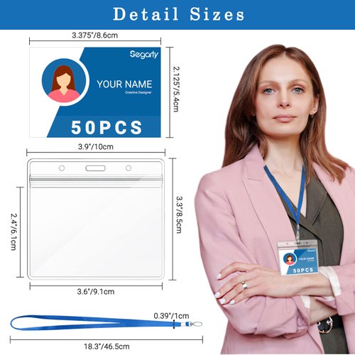 Segarty Lanyards with ID Holder, 50 Pack Horizontal Name Tags Badge Holders, Blue Strap Lanyards for ID Badges, Clear Waterproof Ziplock Plastic Badge Bulk for Business, Student, School, Office