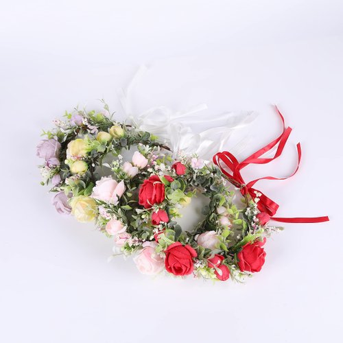 Vivivalue Women Flower Crown Rose Floral Headband Hair Wreath Floral Headpiece Halo Boho with Ribbon Wedding Party Pink
