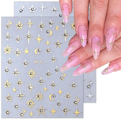 Star Nail Stickers for Nail Art, 6Pcs 3D Self-Adhesive Gold Silver Laser Stars Nail Art Stickers Shiny Crystal Design Star Sticker for Nails DIY Accessories Luxury Nail Decals Women Manicure Supplies