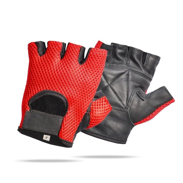 PRIME SPORTS Leather Padded Mesh Fingerless Weight Lifting Exercise Gym Wheelchair Gloves Black/Red Wlg-021 (Medium)