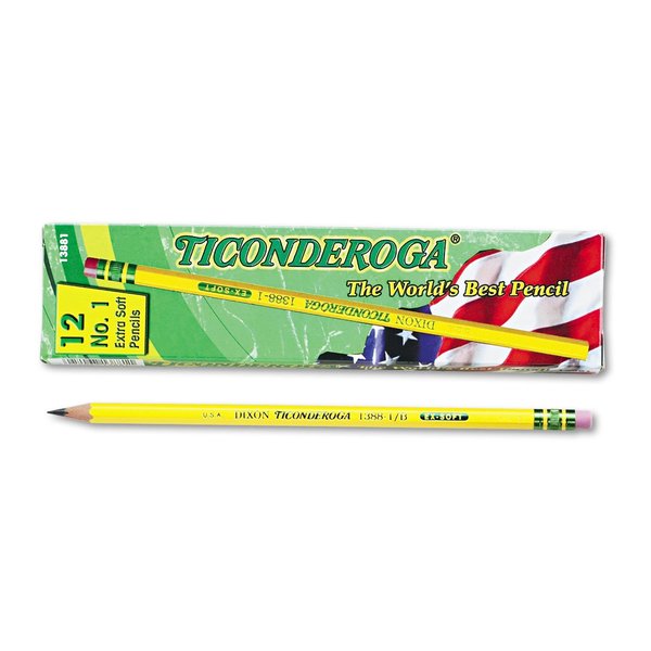 Ticonderoga Wood-Cased Pencils, 1 B Extra Soft, Yellow, 12 Count