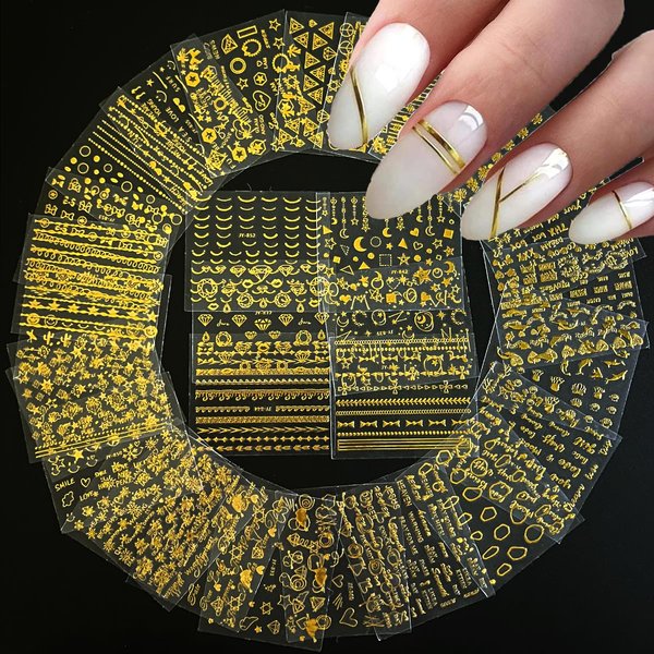30 Sheets Gold Nail Art Stickers 3D Self-Adhesive Star Moon Nail Decals Holographic Heart Letter Snowflake Pattern Nail Supplies Gold Nail Art Design for Women Acrylic Nails Decoration Accessories