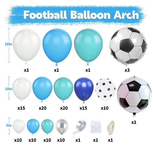 Soccer Balloon Arch Kit, Football Balloon Arch Kit with 4D Football Foil Balloons Royal Blue White Metallic Silver Latex Balloons for Baby Shower Birthday Soccer Football Party Decorations