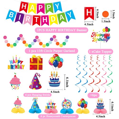 Trgowaul Happy Birthday Decorations Kit, 40pcs Colorful Birthday Set, Happy Birthday Banner, Colorful Balloons, Paper Honeycomb Balls&Hanging Swirl, Rainbow Party Decorations Supplies for Boys Girls