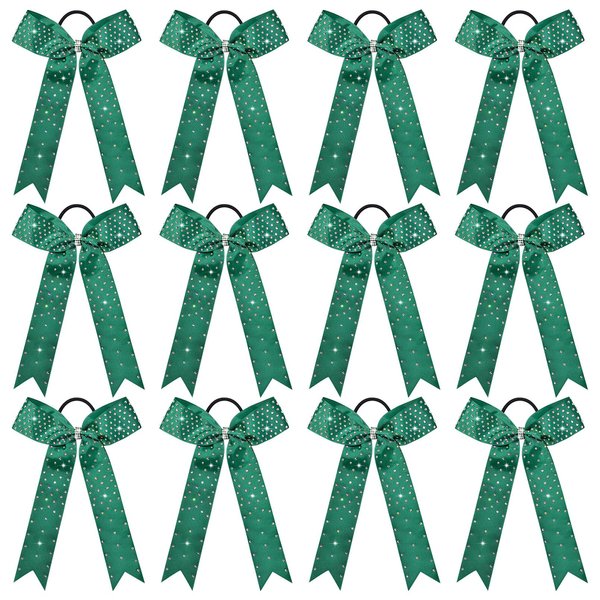 DEEKA 12 PCS Glitter Collegiate Style Cheer Bows Long Tail Full Rhinestones Skinny Shiny Cheer Bow Ponytail Holder Handmade Bows for Girls Teens Cheerleader Sports -Black