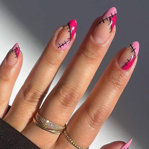 Mkwntg Halloween Press on Nails Short Almond Fake Nails Pink French Tip Full Cover False Nails Scary Cartoon Scar Glue on Nails Glossy Gothic Stitch Stick on Nails for Women Girls Manicure 24Pcs
