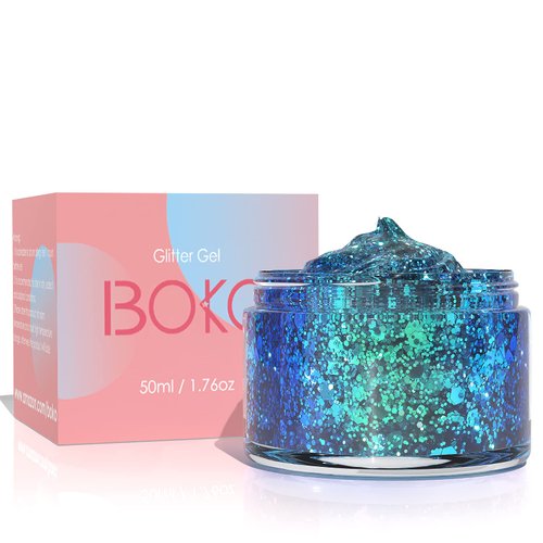 Boko 1.76oz Body Glitter Gel, Chameleon Liquid Chunky Glitter Lotion Mermaid Sequins for Face Hair and Body Makeup, Coachella Clothes, Rave St Patrick's Day Mardi Gras Accessories - Hawaiian Surf
