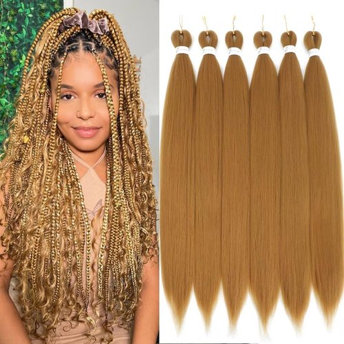 6 Packs Blonde Braiding Hair Pre Stretched #27 Color Honey Blonde Pre Stretched Braiding Hair 36inch Long Synthetic Hair Extensions For Braids Hot Water Setting Soft Yaki Texture(#27,6Pack)