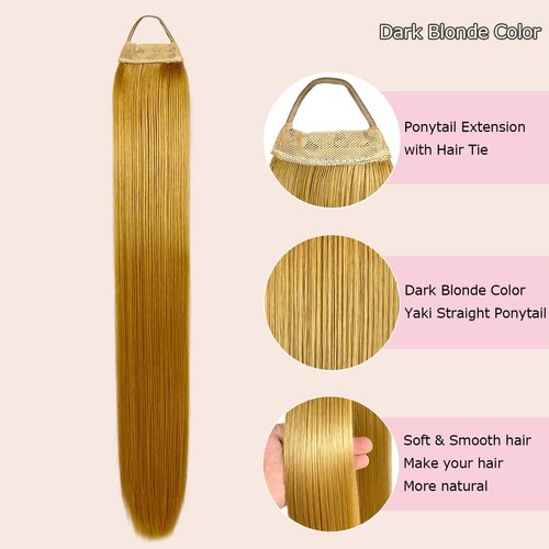 VAVANGA 28inch Long Ponytail Extension with Hair Tie, Dark Blonde Yaki Straight Ponytail Thick Braiding Hair Ponytail Natural Fake Pony Tails Hairpiece for Women (#27)