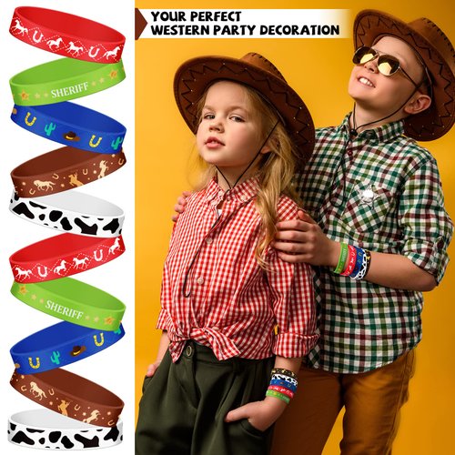 Kigeli 100 Pieces Cowboy Silicone Bracelets Wristbands for Kid Western Party Bracelets for Children Cowboy Cowgirl Party Favors