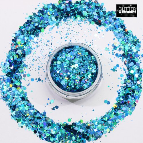 Chunky Sea Blue Holographic Glitter Mix GLITTERWAREHOUSE Cosmetic Glitter Loose Glitter Powder for Festival Makeup Face Body Hair Nails Eyes Lips (50g Bag)