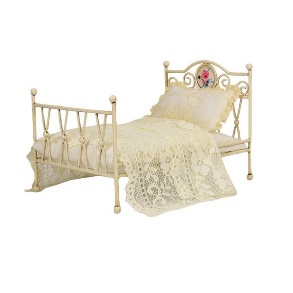 Funky Mini House 1:12 Scale Miniature Beige Iron Bed with Lace Bedding, Handmade Vintage Dollhouse Furniture BJD Ob11 Accessories