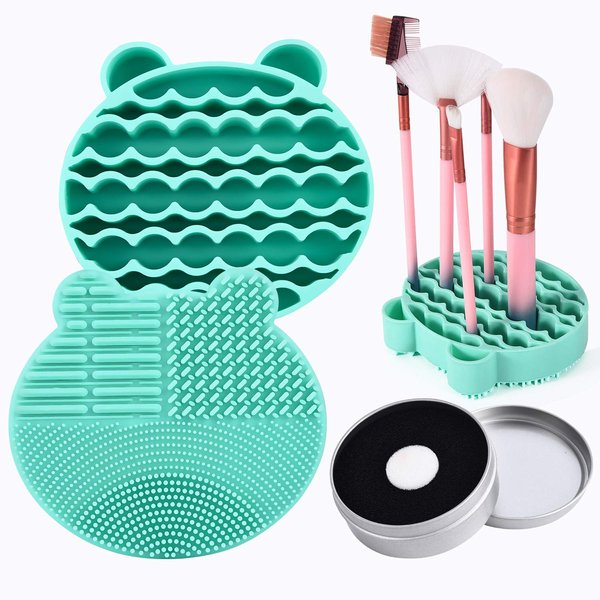 Silicon Makeup Brush Cleaner Mat with Brush Drying manual Make up brush cleaner cleanser machine Cosmetic Brush Cleaner Pad+Makeup Brush Dry Cleaned Quick Color Removal Sponge Scrubber Tool (Green)