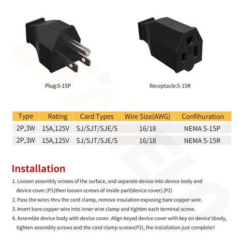 STARELO Extension Cord Ends 125V 15A 2Pole 3Wire Male Plug and Female Connector Straight Blade Plug Replacement Electrical Extension Cord End(Male & Female 10 Set)
