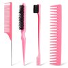 4Pcs Hair Brush Styling Combs Set, Anmieciu Bristle Hair Edge Brush, Teasing Brush Comb, Rat Tail Comb and Wide Tooth Comb for Women Girls Men Combing, Smoothing and Styling Hair (Pink)