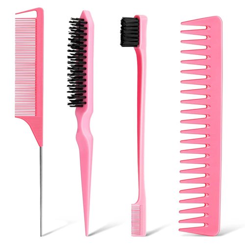 4Pcs Hair Brush Styling Combs Set, Anmieciu Bristle Hair Edge Brush, Teasing Brush Comb, Rat Tail Comb and Wide Tooth Comb for Women Girls Men Combing, Smoothing and Styling Hair (Pink)