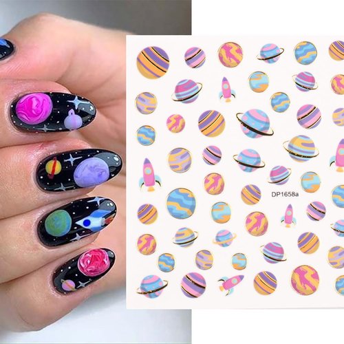 Vezocim Space Nail Art Stickers Decals, Galaxy Earth Moon Saturn Mercury Nail Self-Adhesive Sticker Designs, Planet Charm Nail Transfer Decal Acrylic Supplies for Women Girls Manicure Art Tips