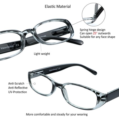 VisionGlobal 4 Pairs Reading Glasses with Spring Hinge, Blue Light Blocking Glasses for Women/Men (4 Color,+6.00 Magnification)